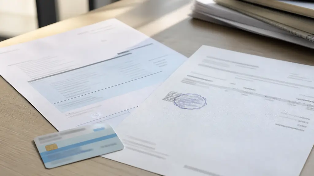 Close-up editorial photograph of a medical prescription beside a paid podiatry invoice and a health insurance card on a consultation desk, no readable text, no logos