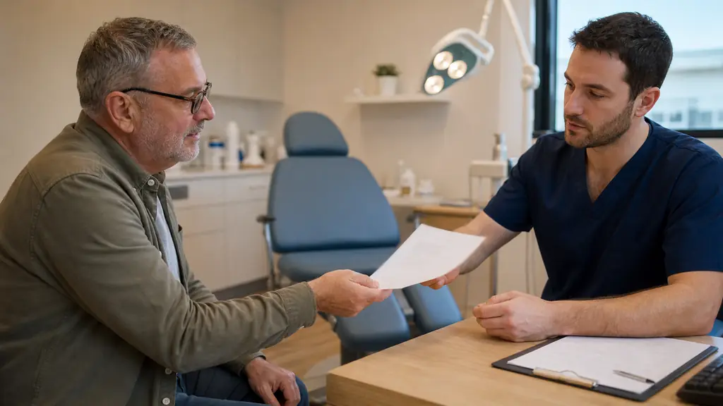 Editorial photograph of a diabetic patient presenting a medical prescription to a podiatrist, with a foot examination chair and a paid invoice visible, no readable text, no logos