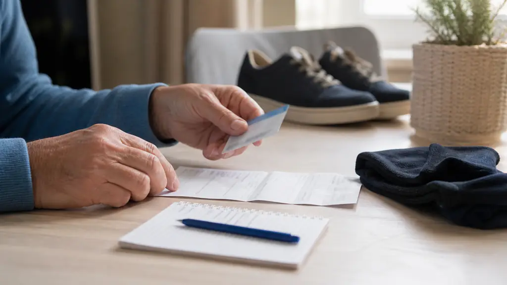 Person with diabetes preparing for a podiatry appointment, placing a medical prescription and health insurance card beside a foot care appointment note, documentary editorial photography, no readable text, no logos