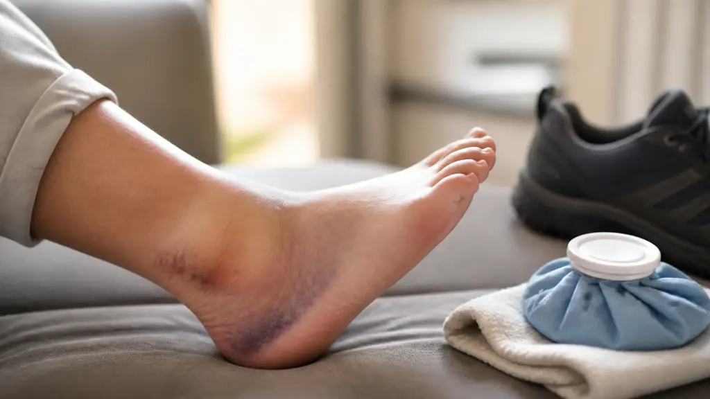 close-up editorial photograph of a swollen bruised heel resting without weight bearing, with a walking shoe placed nearby and an ice pack beside the foot, no text, no logo