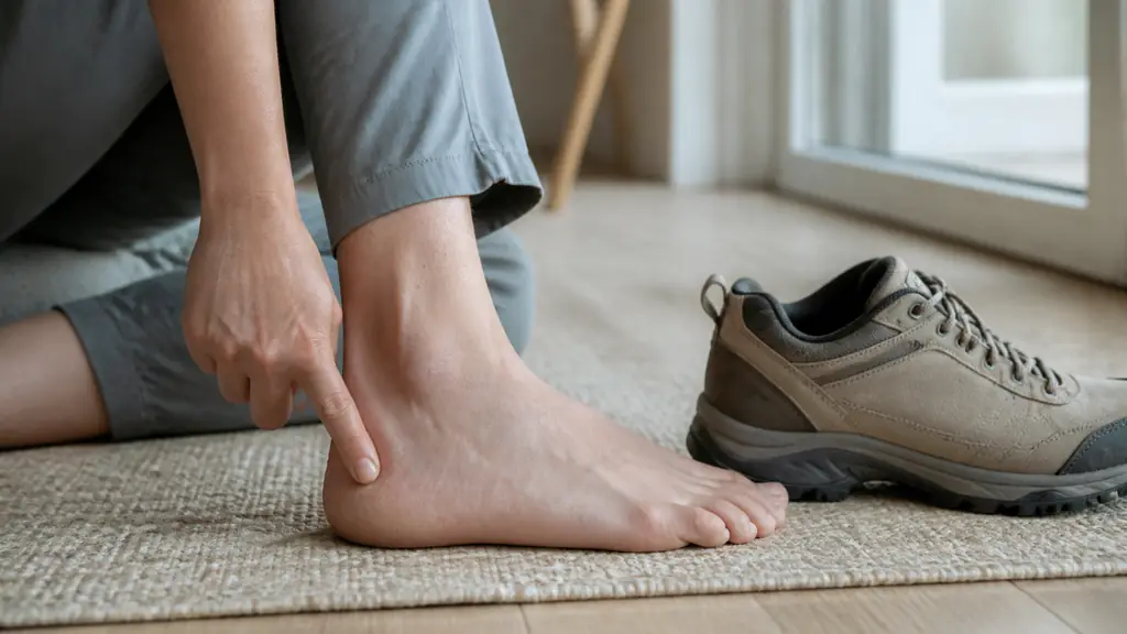 editorial close-up photograph of a person pointing to pain under the heel beside a walking shoe, with the Achilles tendon and heel skin clearly visible, no text, no logo
