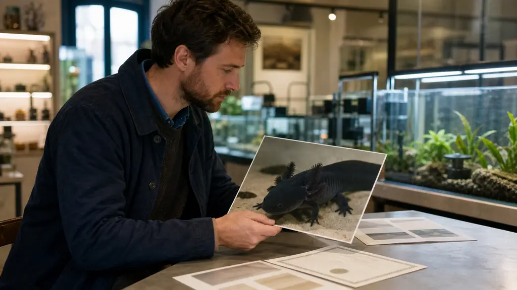 Editorial photograph of a buyer examining an unfiltered neutral-light photo of a dark melanoid axolotl while reviewing a captive-bred certificate and written aquarium care instructions, no text or logo