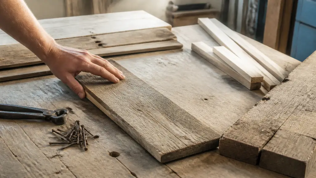 Close-up editorial photograph of reclaimed pallet boards and thin wooden battens laid flat on a workbench, with removed nails, a visible cracked board set aside, and a hand checking a slightly warped piece