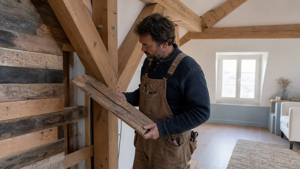 Editorial photograph of an attic timber frame with certified structural beams, reclaimed pallet boards used only as decorative wall cladding, and a carpenter inspecting a deep crack in a loose board