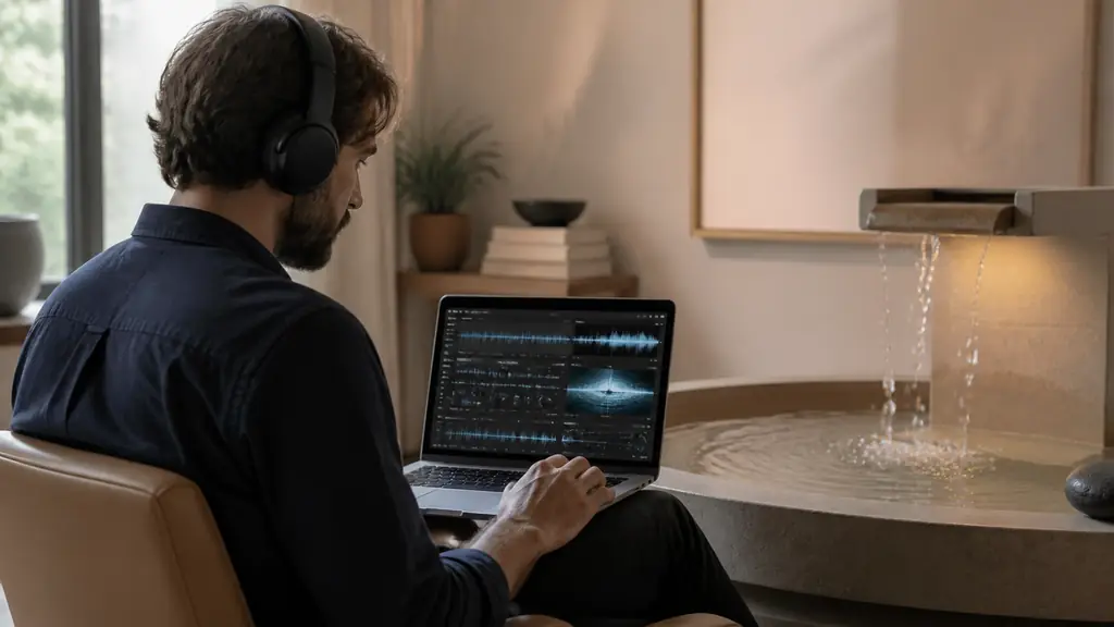 Editorial photograph of a person wearing headphones while previewing a water sound library on a laptop beside a small indoor fountain, with visible gentle dripping and rippling water, no text, no logo
