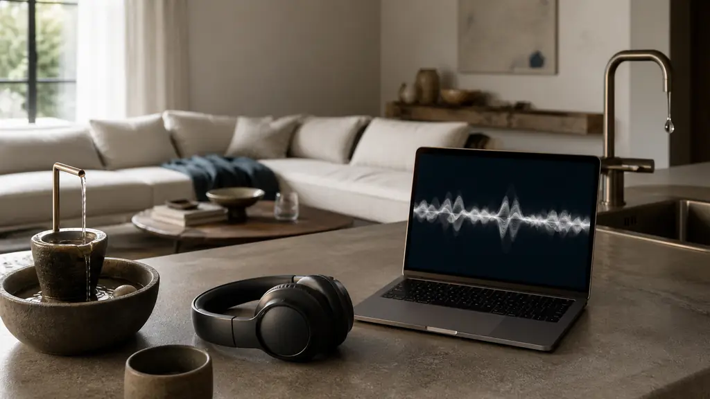 Editorial photograph of headphones beside a laptop displaying an audio waveform, with a small tabletop fountain flowing gently and a kitchen faucet dripping into a metal sink, no text, no logo