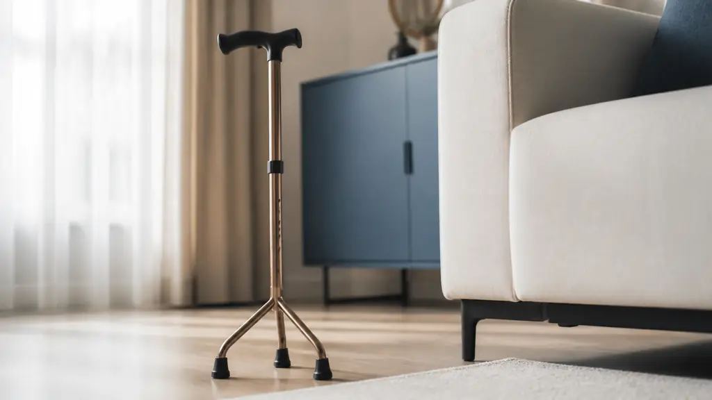 Close-up editorial photograph of a height-adjustable tripode walking cane with three rubber anti-slip feet and an ergonomic handle on a home floor, no text, no logo