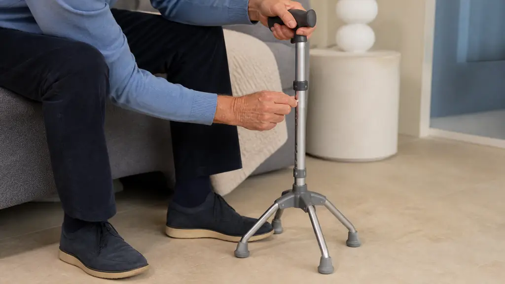 Editorial close-up photograph of a person testing the ergonomic handle and push-button height adjustment of a lightweight aluminum tripode cane, with three anti-slip rubber tips visible on the floor, no text, no logo