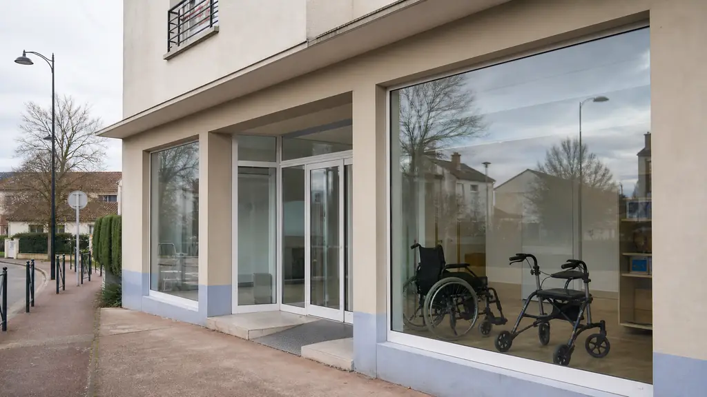 exterior of a medical equipment center in Roissy-en-Brie with the street entrance, a wheelchair and a rollator visible through the window, no text or logo