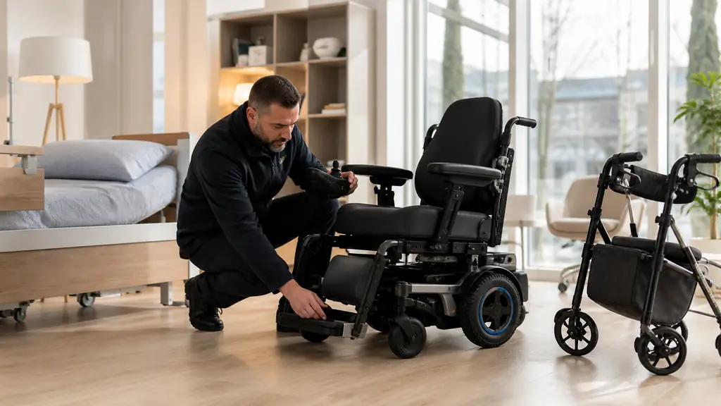healthcare equipment specialist adjusting an electric wheelchair beside a medical bed and a rollator in a medical supply showroom, no text or logo