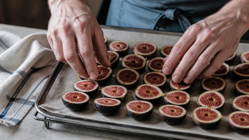Close-up editorial food photograph of hands arranging evenly halved fresh figs cut side up on a parchment-lined metal rack, with a clean kitchen towel nearby, natural light, no text or logo