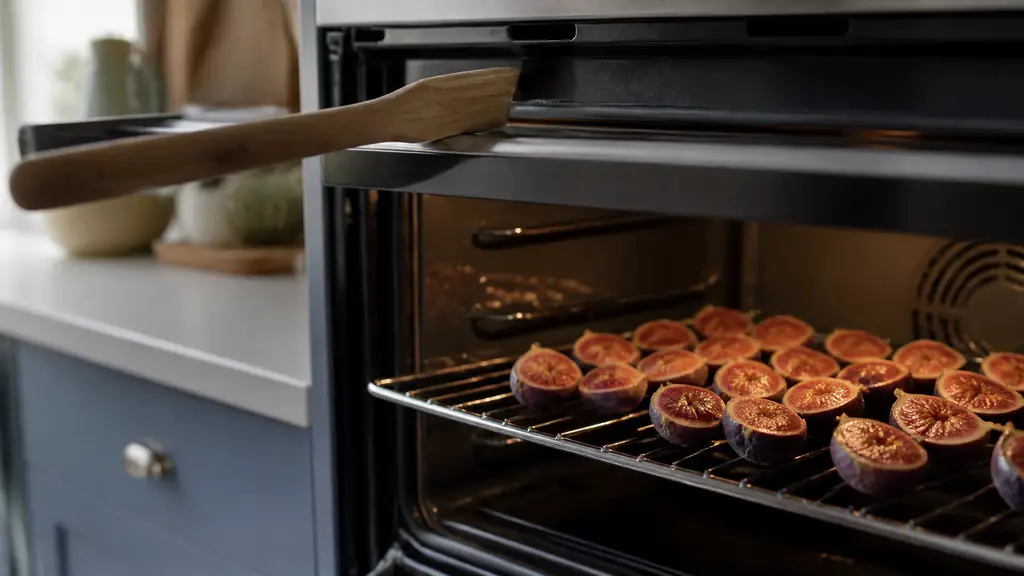 Editorial food photograph of halved figs drying cut side up on a metal rack inside a convection oven at low temperature, oven door held slightly open with a wooden spoon, no text or logo