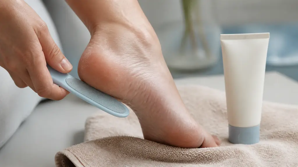 Close-up editorial photograph of a person gently using a soft foot file on a small dry heel callus, with an emollient tube beside the foot, no text or logo