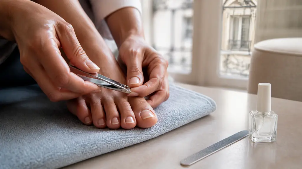 Editorial close-up photograph of clean toenails being cut straight across with a toenail clipper, with a fine nail file and clear protective base coat nearby, no text or logo