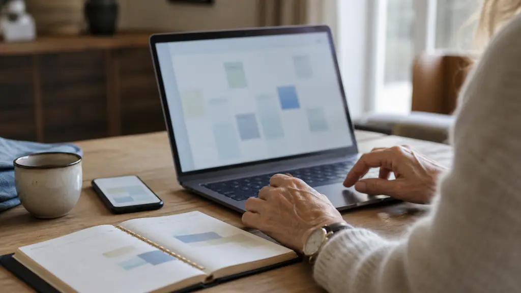 Close-up editorial photograph of an adult using a laptop to compare local practitioner availability, with a smartphone and paper calendar beside it, warm home setting, no visible text or logos