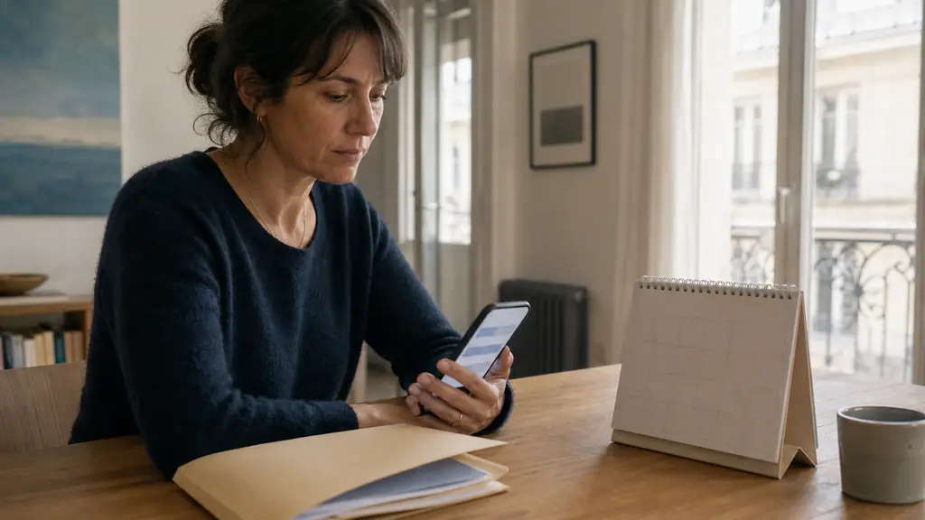 Editorial photograph of an adult checking an appointment confirmation on a smartphone beside a paper calendar and a small folder of medical documents, no visible text or logos
