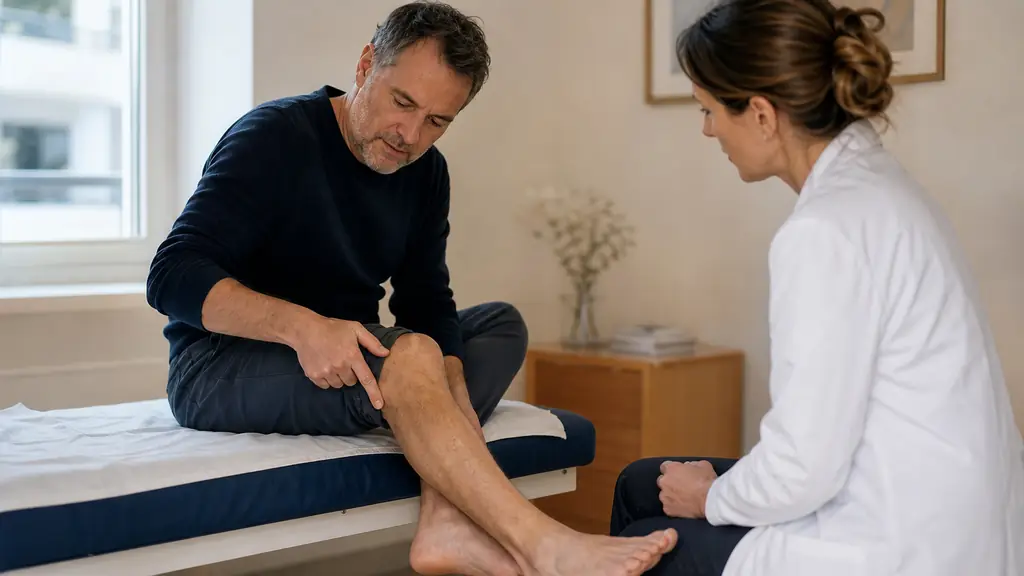 Editorial photograph of a seated patient pointing to the popliteal crease, outer calf and heel while a clinician observes the pain pathway, no text, no logo