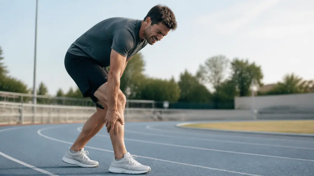 Runner stopped on an outdoor track immediately after a sprint, holding the inner left calf near the gastrocnemius, running shoe planted with heel slightly raised, editorial medical photography, no text or logo