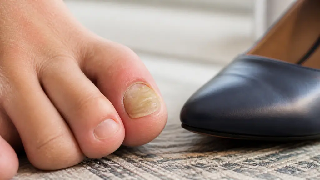 Close-up editorial photograph of a big toenail showing yellow thickening beside a second toe with mild redness, with a narrow dress shoe placed nearby, natural clinical lighting, no text or logo