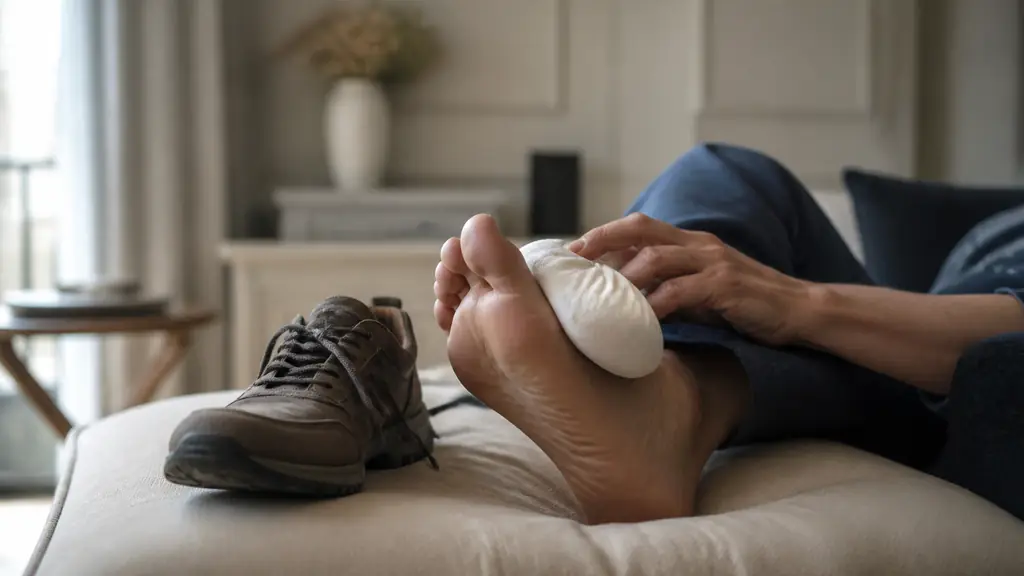 Editorial photograph of a person resting a raised bare foot beside a wide comfortable shoe, with an ice pack wrapped in a clean cloth near the big toe, natural home lighting, no text or logo