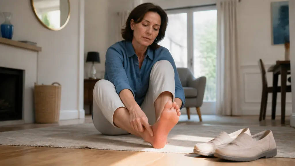 Editorial photograph of an adult seated at home gently indicating a precise painful spot beneath the heel, with a comfortable wide shoe placed nearby and the sole of the foot clearly visible, no text, no logo