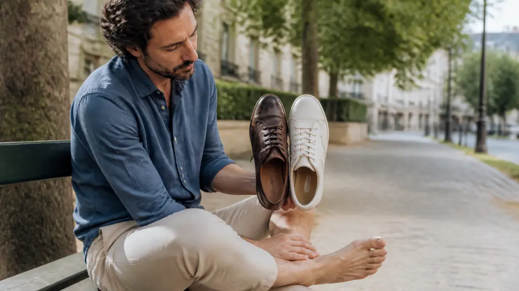 Editorial photograph of an adult comparing a worn rigid shoe with a comfortable wide shoe beside a walking path, while gently checking the arch of the foot, no text, no logo