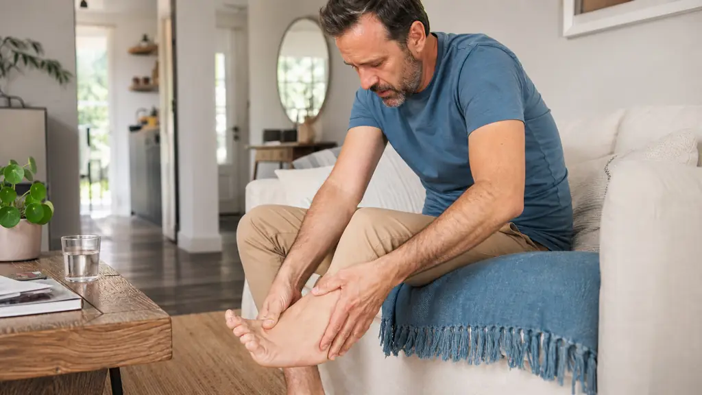 Editorial clinical photograph of an adult seated at home touching the outer side of their foot with a concerned but calm expression, natural light, realistic podiatry context, no text, no logo