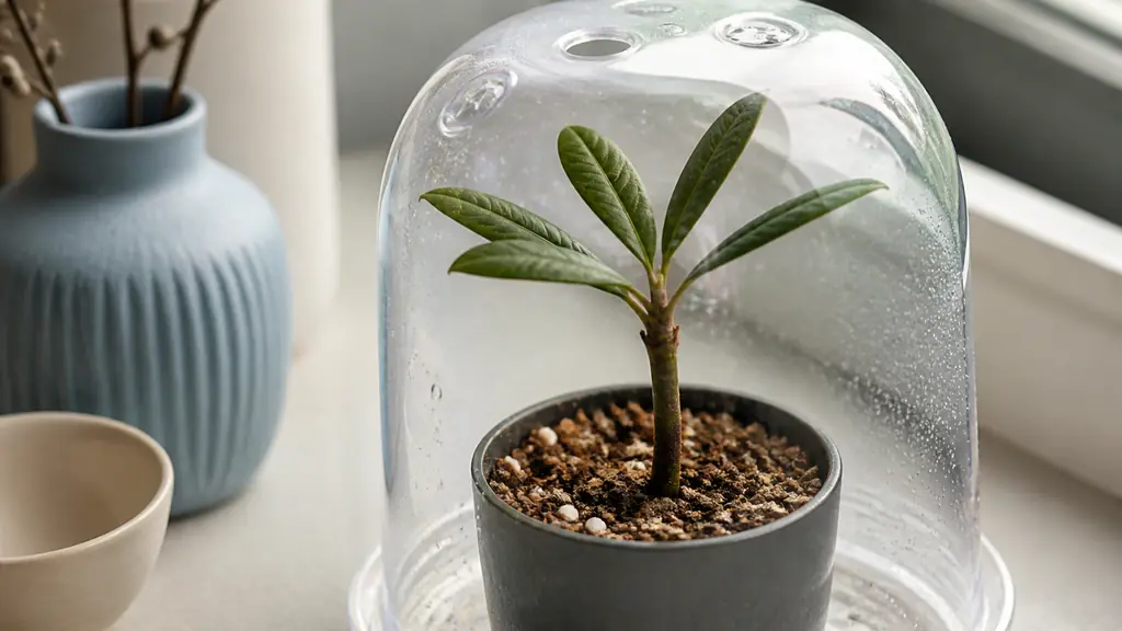 Editorial close-up photograph of a non-flowering rhododendron cutting with lower leaves removed, planted in a small pot of light acidic substrate under a clear ventilated cover, soft indirect natural light, no text, no logo