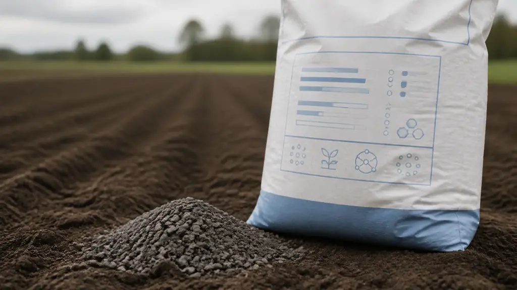 Close-up editorial photograph of a bag of granulated slag fertilizer beside a small pile of dark granules and a clearly visible composition label, with cultivated soil in the background, no readable text or logo