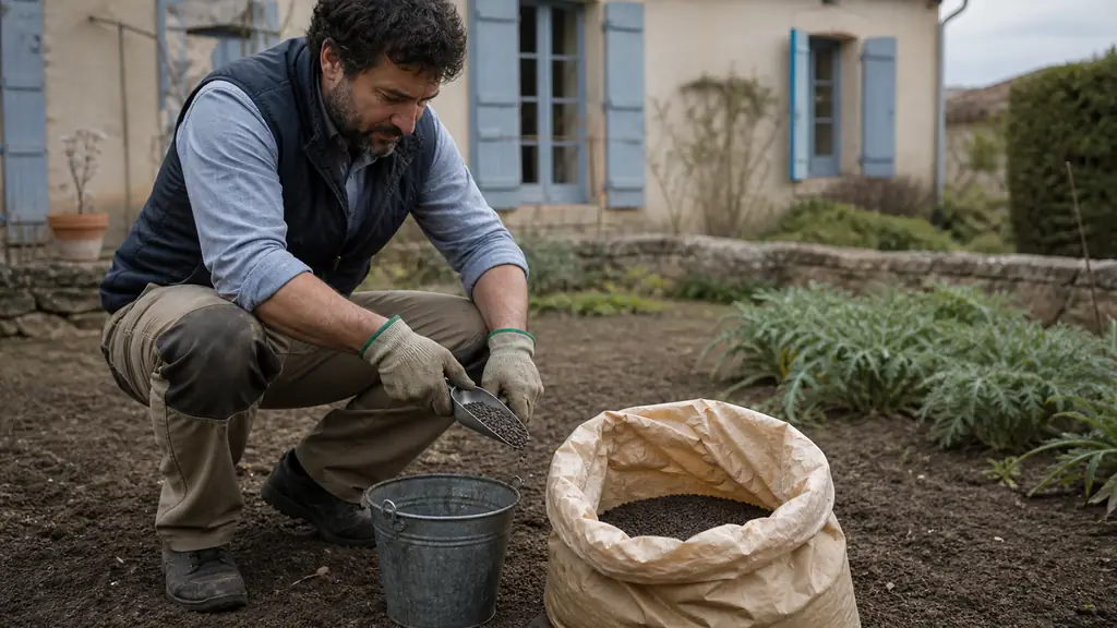 Editorial photograph of a gardener wearing gloves and closed shoes while measuring dark granulated slag fertilizer with a scoop beside the product bag on calm dry soil, no text or logo