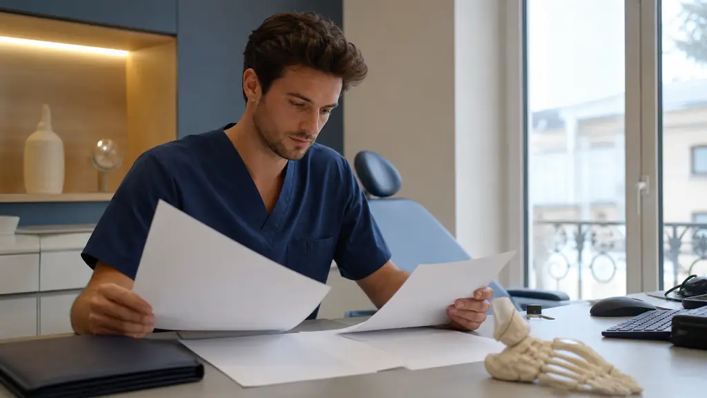 French podiatry graduate reviewing an employment contract and a cabinet budget beside a closed diploma folder and clinical foot model, natural office light, no visible text or logo
