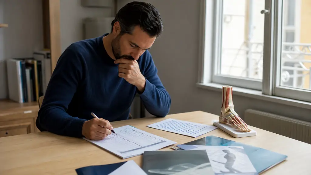 Adult completing a career orientation questionnaire at a desk, handwritten list of appealing job tasks beside it, anatomical foot model and health studies brochures nearby, natural daylight, no visible text or logo
