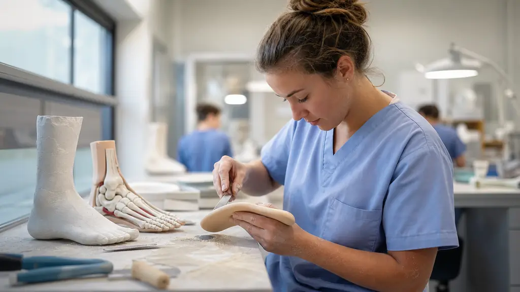 Podology student shaping a custom plantar orthosis beside a foot mold and an anatomical foot model in a clinical training room, natural editorial photography, no visible text or logo