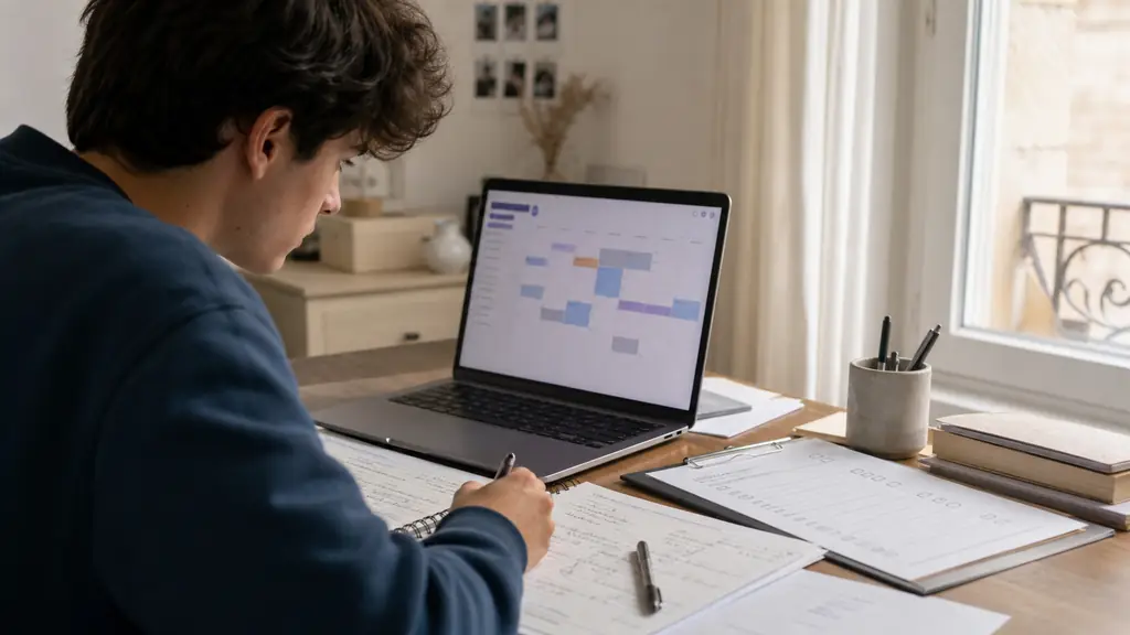 A prospective student reviewing a podiatry school application calendar on a laptop beside an open admissions checklist and handwritten notes from an open day, natural editorial photography, no text or logo
