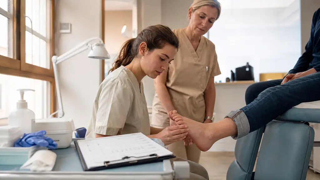A podiatry student practicing a supervised foot examination in a clinical training room, with hygiene supplies and a stage assessment sheet visible, natural editorial photography, no text or logo