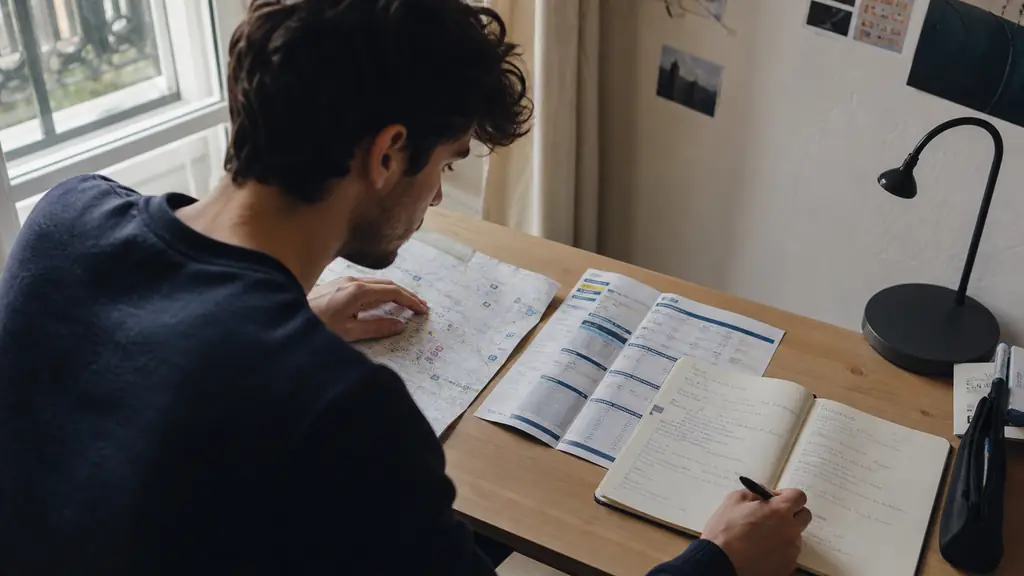 Student comparing a campus map, a train timetable and handwritten housing notes on a desk