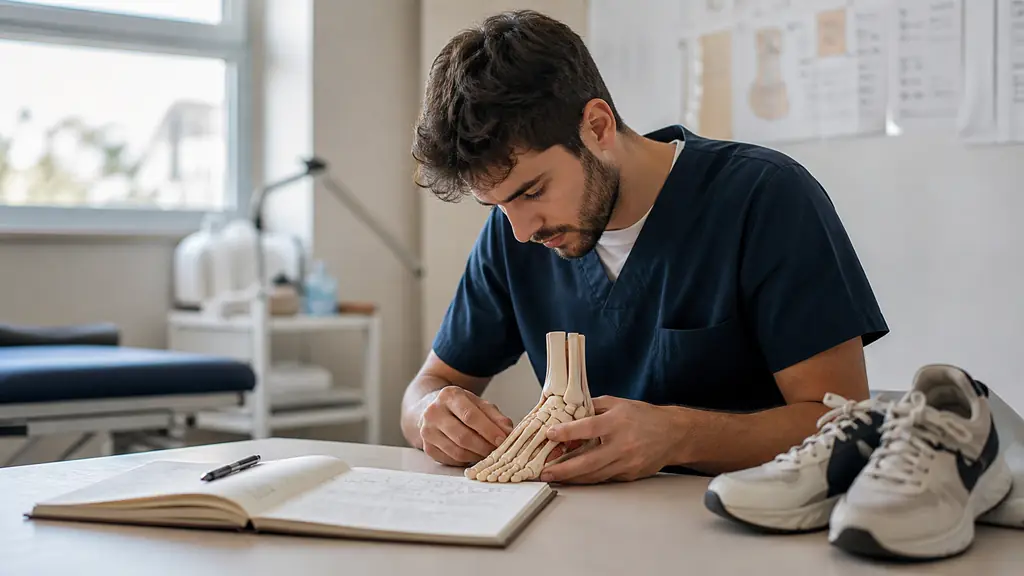 Podiatry student carefully practicing a precise hand gesture on a foot model beside an open observation notebook and a pair of shoes