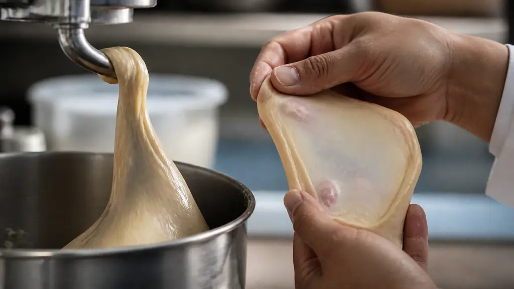 Close-up editorial food photograph of glossy brioche dough wrapped around a stand mixer dough hook, pulling away from the metal bowl while a baker stretches a small translucent windowpane of dough between their fingers, no text, no logo