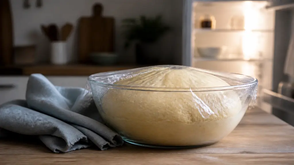 Editorial food photograph of brioche dough rising in a glass bowl covered with slightly lifted contact film, beside a damp kitchen towel and an open refrigerator, no text, no logo