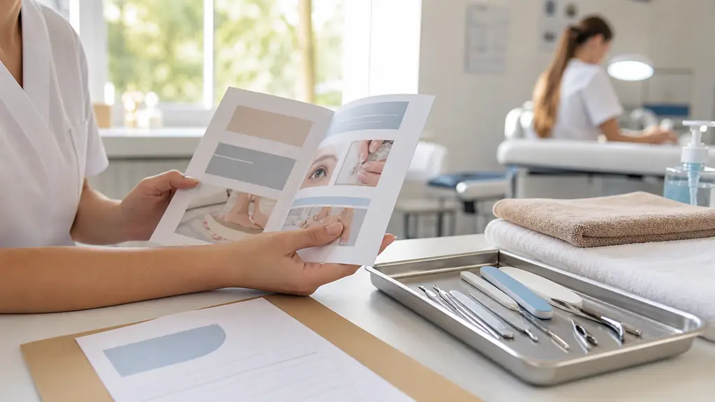 Editorial photo of a beauty training classroom, close-up of a student reviewing a course brochure labeled CAP esthétique beside a foot care kit with nail files, towels, and disinfected tools on a clean table, while a separate referral note to a podiatrist lies nearby, no text or logo