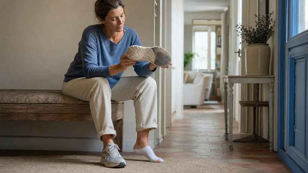 Editorial photo of an adult seated on a hallway bench, holding a worn sneaker with the outer sole visibly more worn on one side, one foot on the floor in a wide supportive shoe and the other in a sock showing a small callus area near the forefoot, no text, no logo