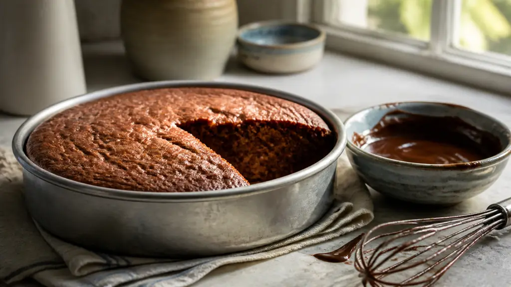 Editorial food photograph of a freshly sliced moist praline cake cooling in a round cake pan, with melted praline dessert chocolate and a whisk beside it, warm natural kitchen light, no text, no logo