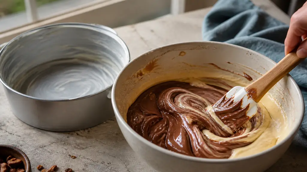 Editorial food photograph of praline dessert chocolate and butter being folded into an egg and flour batter in a mixing bowl, with a buttered round cake pan ready beside it, warm natural kitchen light, no text, no logo