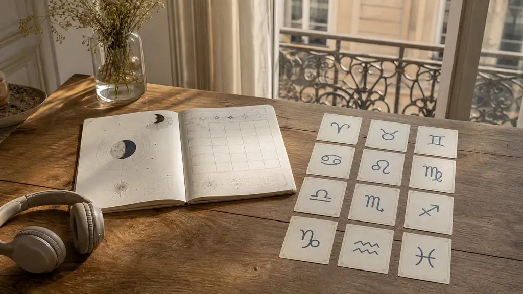 Open astrology notebook dated Sunday August 16 2026 beside twelve zodiac symbol cards and headphones on a calm sunlit wooden table, no text or logo