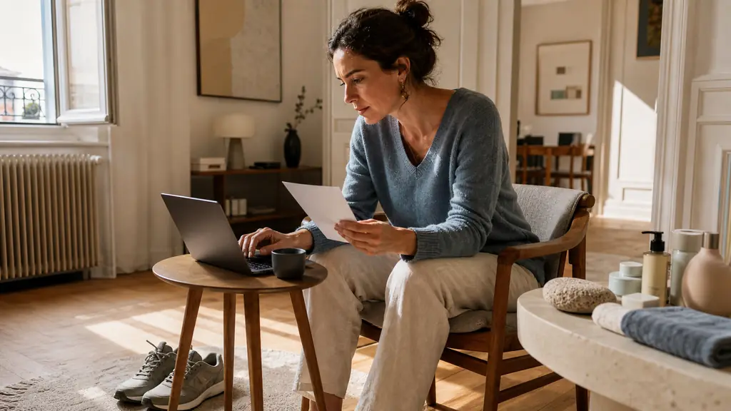 Aries adult reviewing a shopping list before an online purchase, comfortable walking shoes beside the chair and a foot care kit on a sunlit table, editorial photography, no text or logo
