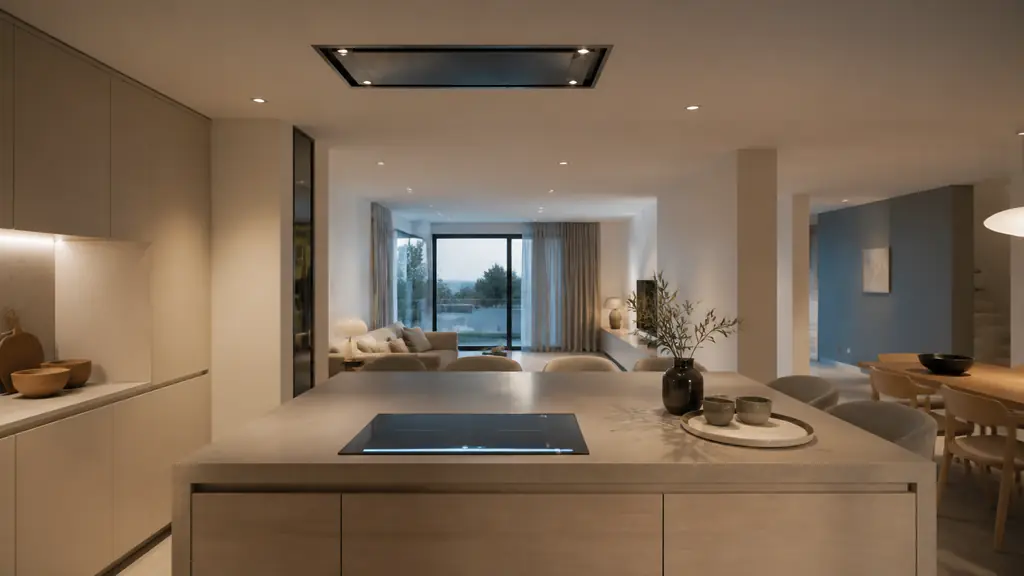 Contemporary open-plan kitchen with a central island, flush-mounted ceiling extractor, illuminated induction cooktop and unobstructed view toward the living area, editorial photography, no text, no logo