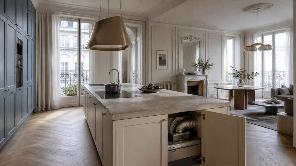 Editorial photograph of an open-plan kitchen island comparing a decorative suspended extractor above the cooktop, a clear ceiling sightline, and an open lower cabinet revealing the ductwork of an integrated downdraft extractor, no text, no logo