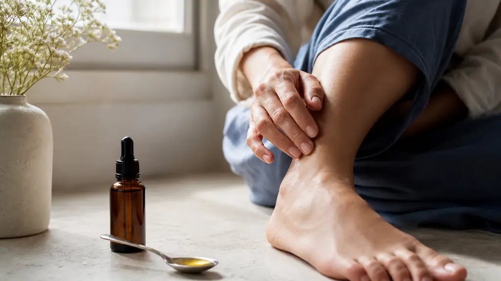 Editorial photograph of a tablespoon of arnica carrier oil beside a small dark essential oil bottle, while a person gently dabs the diluted mixture around an ankle without massaging, no text or logo