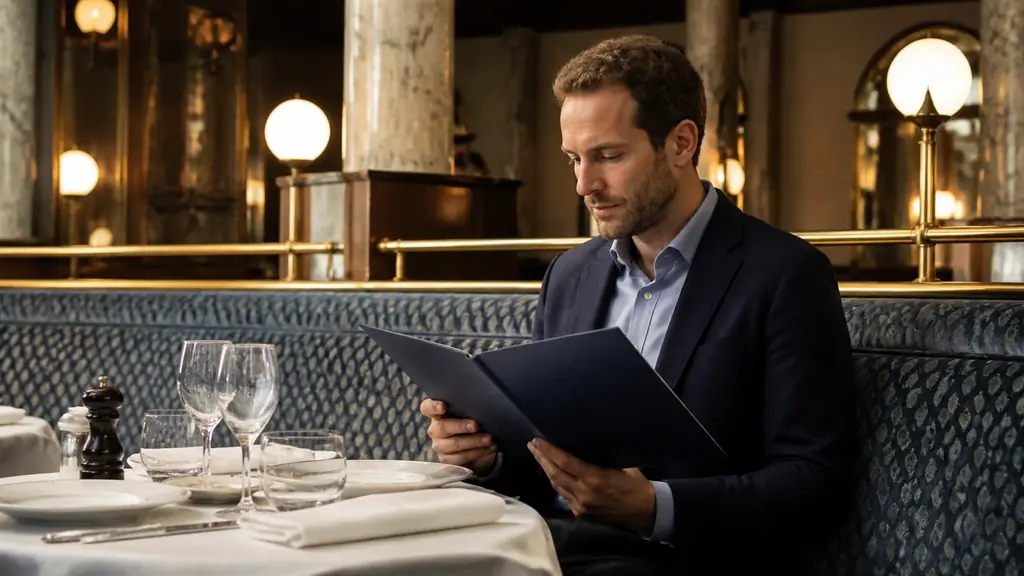 Editorial photograph inside Restaurant La Rotonde, a guest consulting the menu beside a carefully set table, subtle French restaurant atmosphere, no visible text or logo