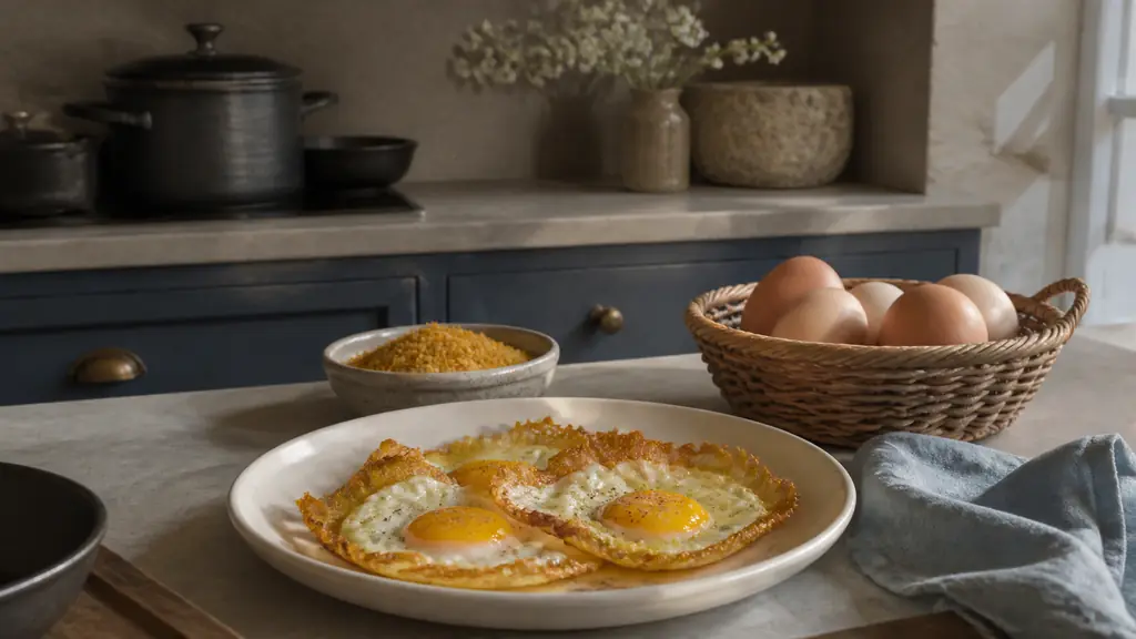 Editorial photograph of a kitchen basket containing fresh eggs and breadcrumbs beside a plate of crispy eggs with runny centers, warm natural light, no visible text or logo